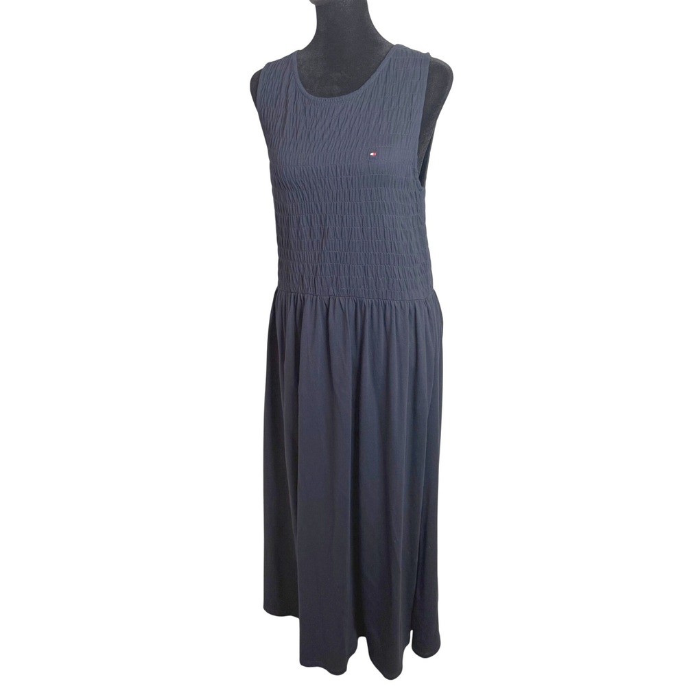 Tommy Hilfiger Navy Blue Smocked Maxi Dress Size M Preppy Nautical Casual